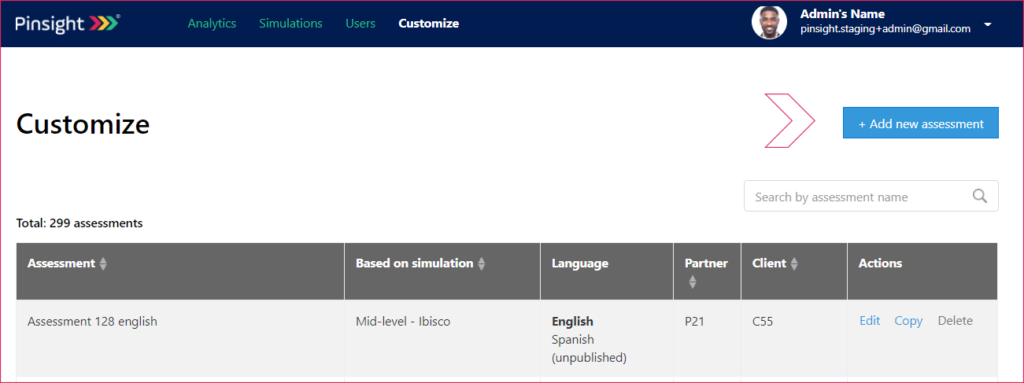 Shows the new assessment button highlighted at the top right of the custom assessment screen