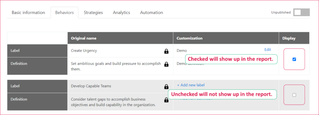 Shows the display column with a checked and unchecked default behavior