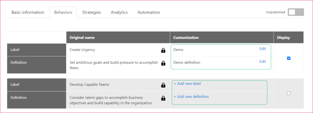Shows the labels section in the customize behaviors tab
