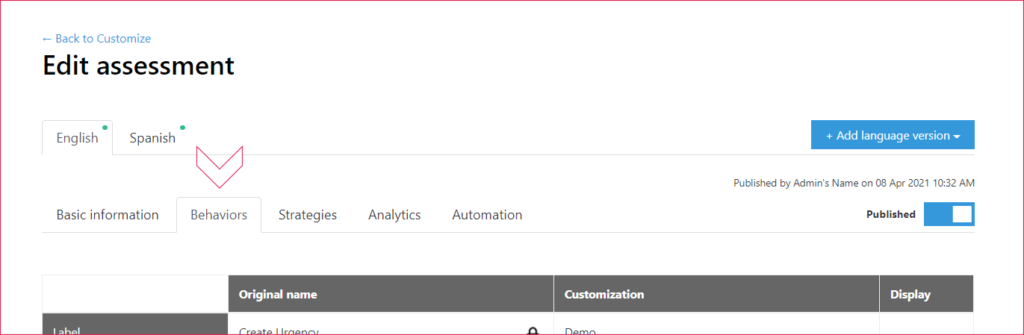 Shows the behaviors tab in a custom assessment highlighted