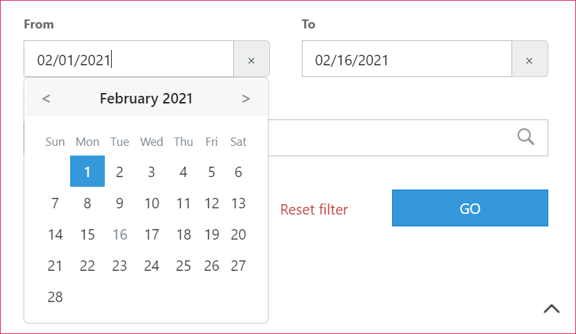 Date range selection in the filter with the calendar selection box expanded