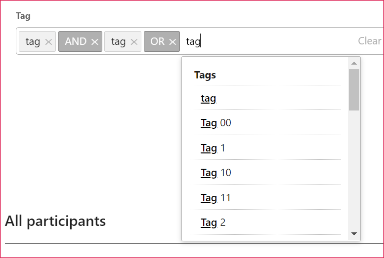 Tag input box in the filter showing an example of tags with And and Or operators