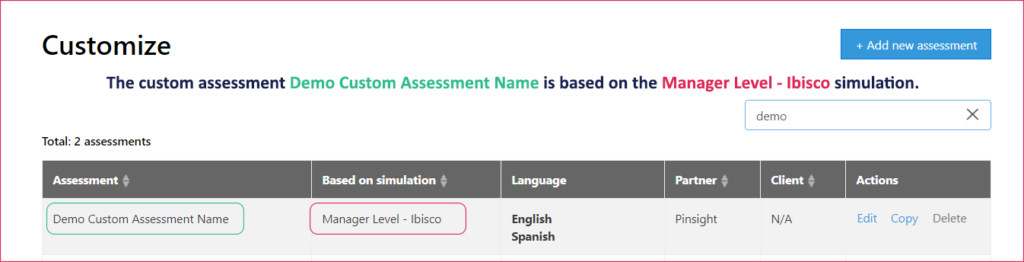 Shows the customize module table with the custom assessment and base simulation highlighted